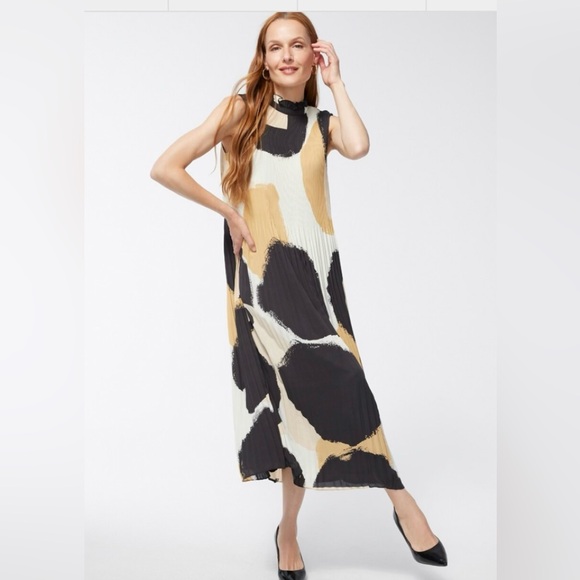 BLACK LABEL BY CHICOS Pleated long sleevelessdress in black , cream and … - Picture 1 of 6